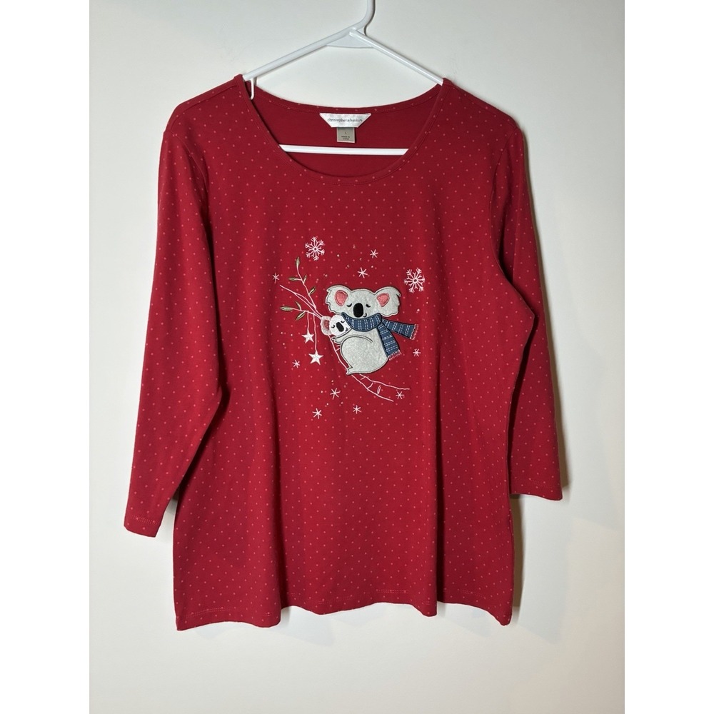 Christopher & Banks 3/4 Sleeve Red Polka Dot Holiday koala W/snowflakes Shirt L
